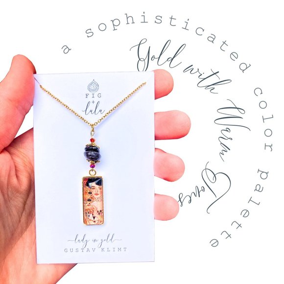 Lady in Gold Pendant Necklace Gustav Klimt Garnet Adele Face Cabochon Handmade - Picture 4 of 9
